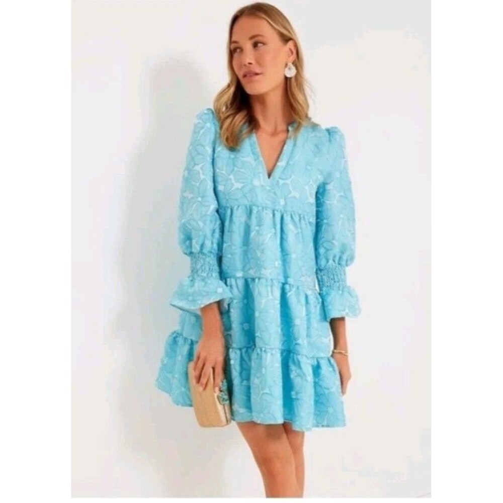 Pomander Place Sky Blue Embroidered Tiered V-Neck Midi Dress